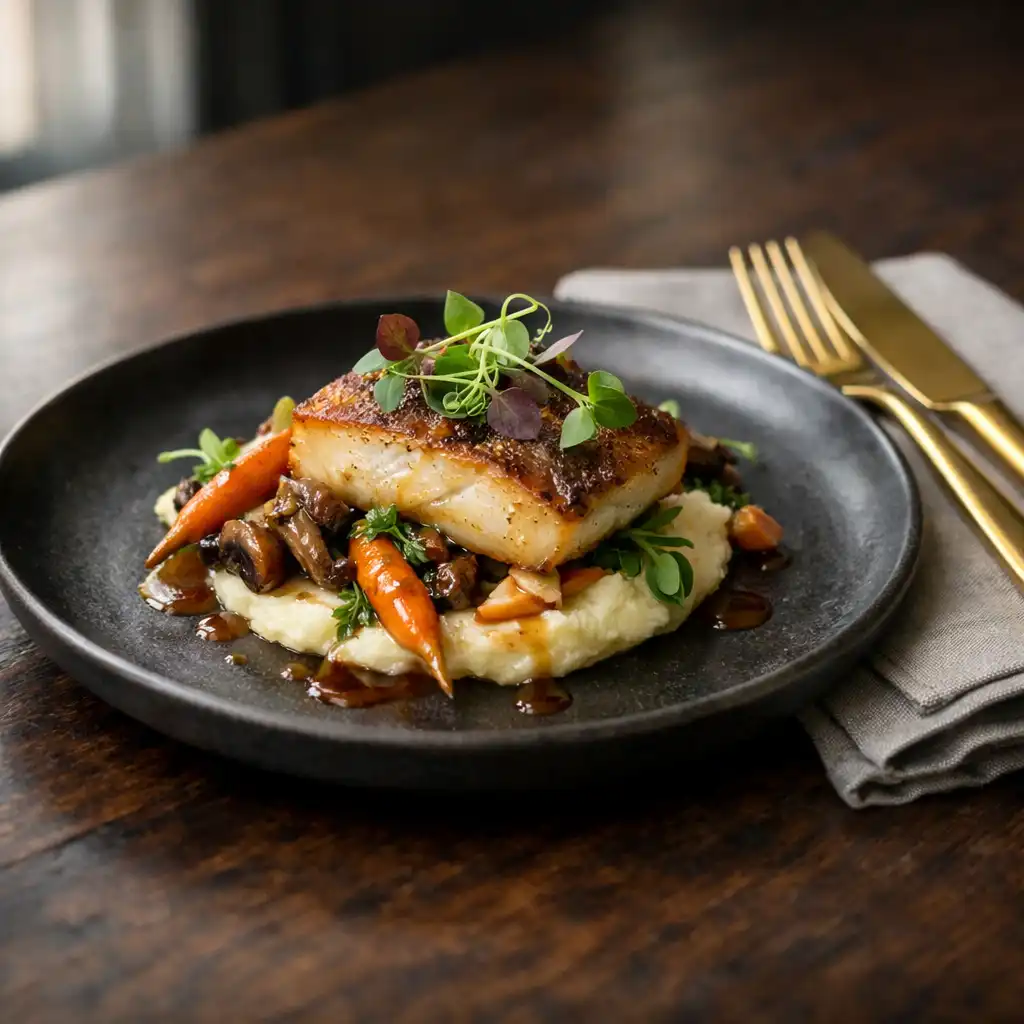 Beautifully plated contemporary British dish on a dark ceramic plate