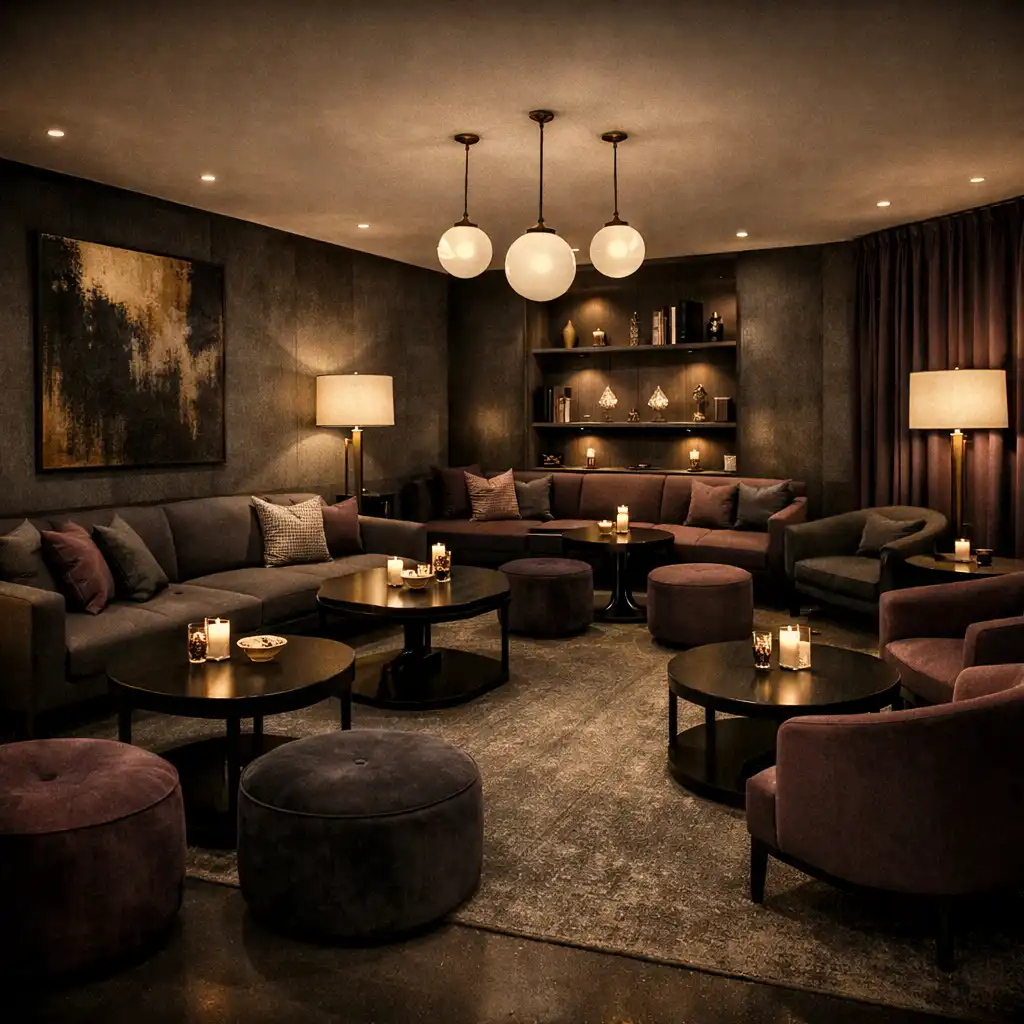 A calm, sophisticated lounge area with comfortable seating, low tables, and soft diffused lighting