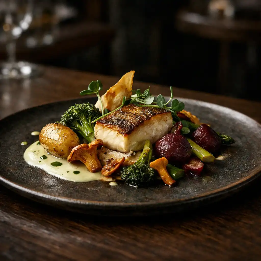 A beautifully plated modern British dish with seasonal vegetables and a delicate sauce on a dark ceramic plate