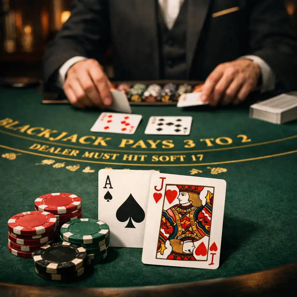 Blackjack table with cards being dealt and chips in play