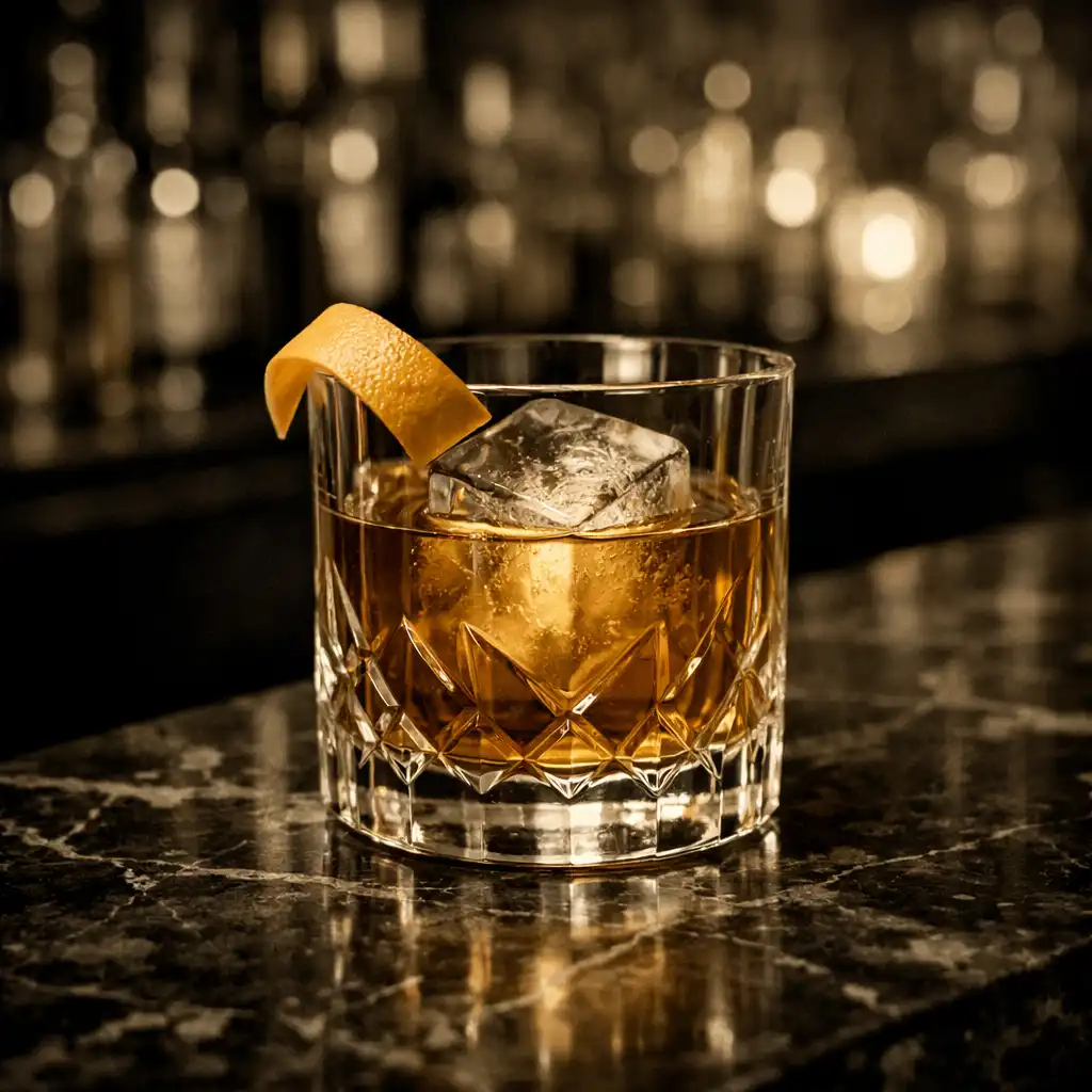 A classic Old Fashioned cocktail in a crystal rocks glass with a large ice cube and orange twist on a dark marble bar