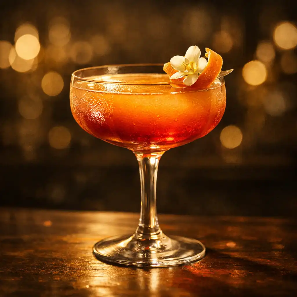 A colourful cocktail in a coupe glass with a citrus twist and small flower, against dark bokeh lights