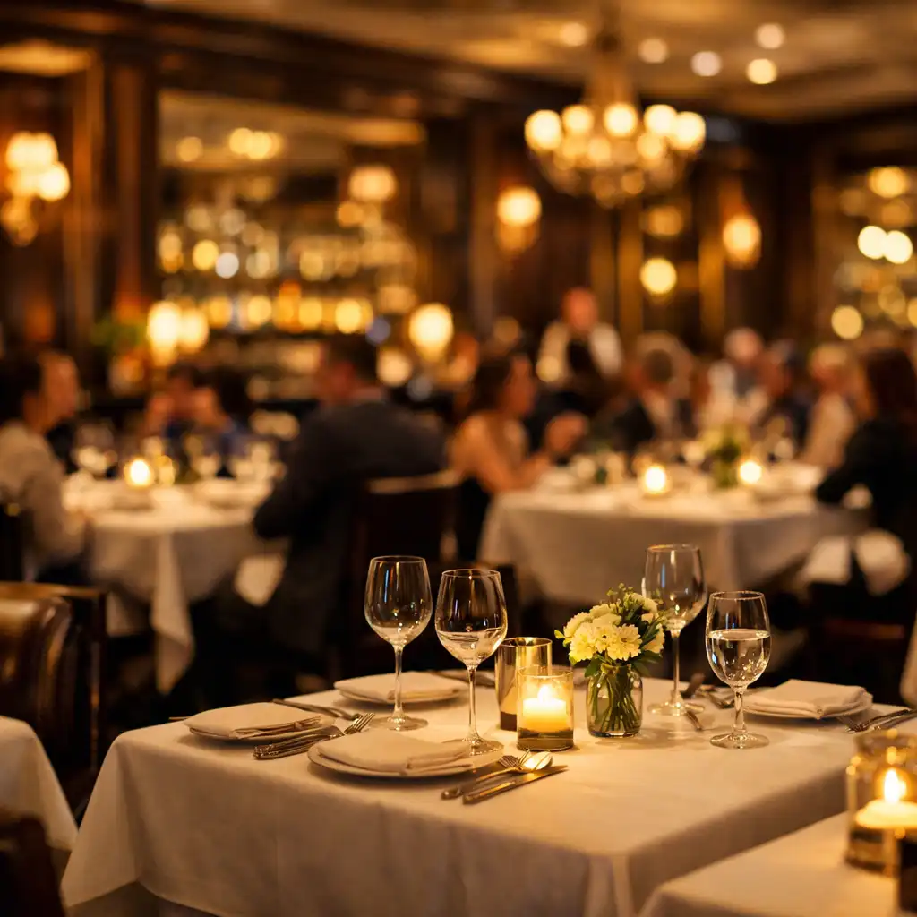Main dining room during evening service with white tablecloths, ambient lighting, and dark wood decor