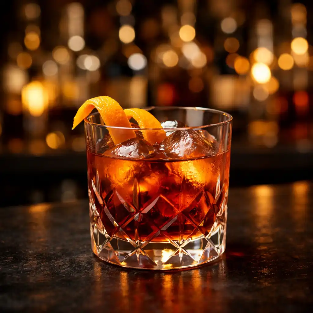 Crafted cocktail in a crystal glass with orange twist on a dark bar counter