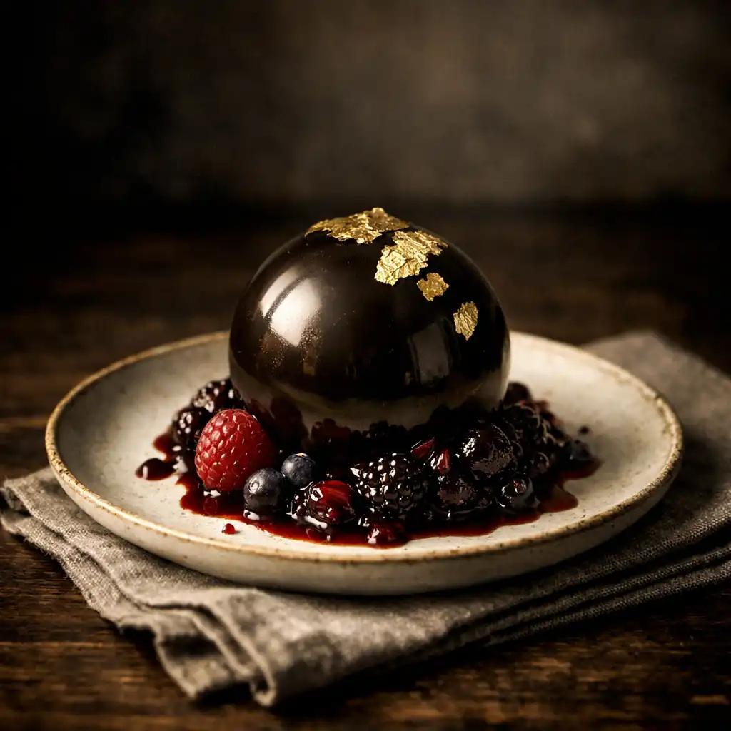 An elegant chocolate sphere dessert with gold leaf and berry compote on a dark wooden table