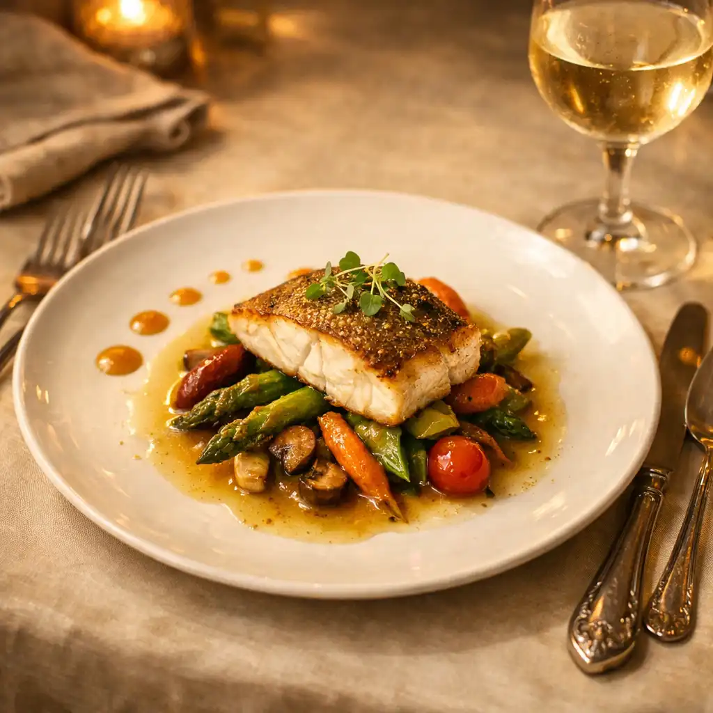 Pan-seared fish with seasonal vegetables and artistic sauce dots on a white ceramic plate