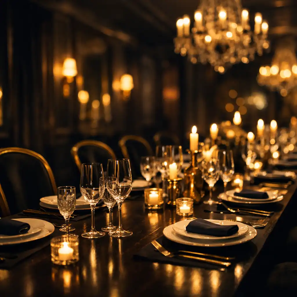 Elegant dining room with dark moody lighting, fine china, crystal glasses, and gold accents