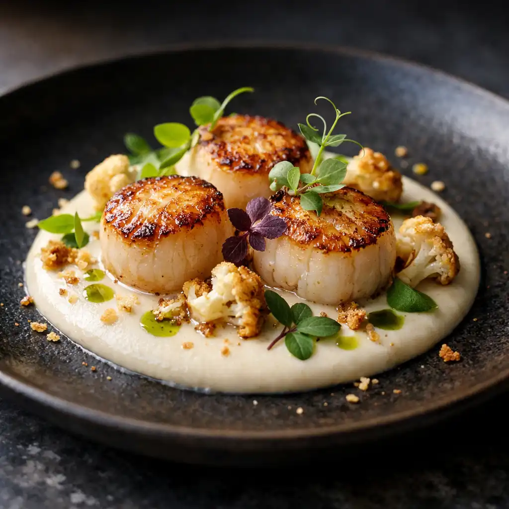 Beautifully plated contemporary British dish with seared scallops and cauliflower velouté