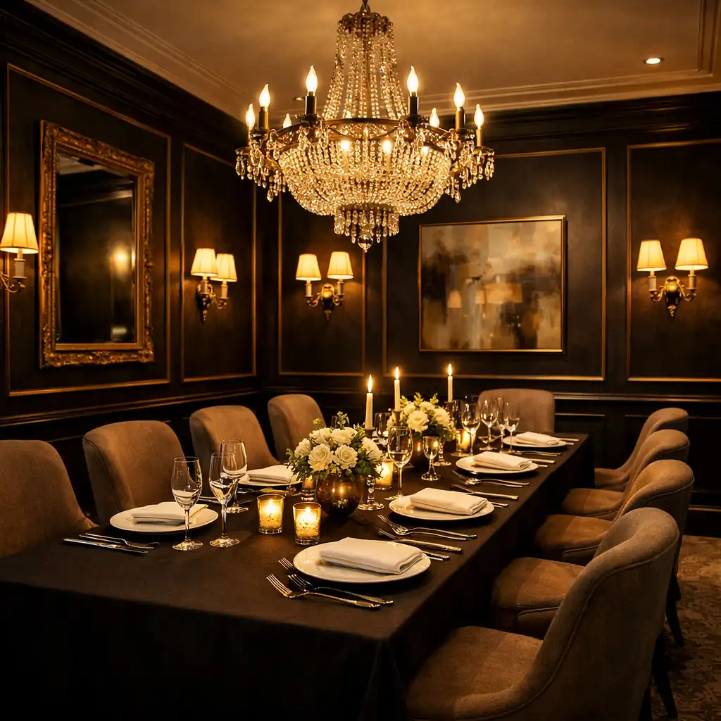 Private dining room with long table set for eight, upholstered chairs, dark walls, and chandelier