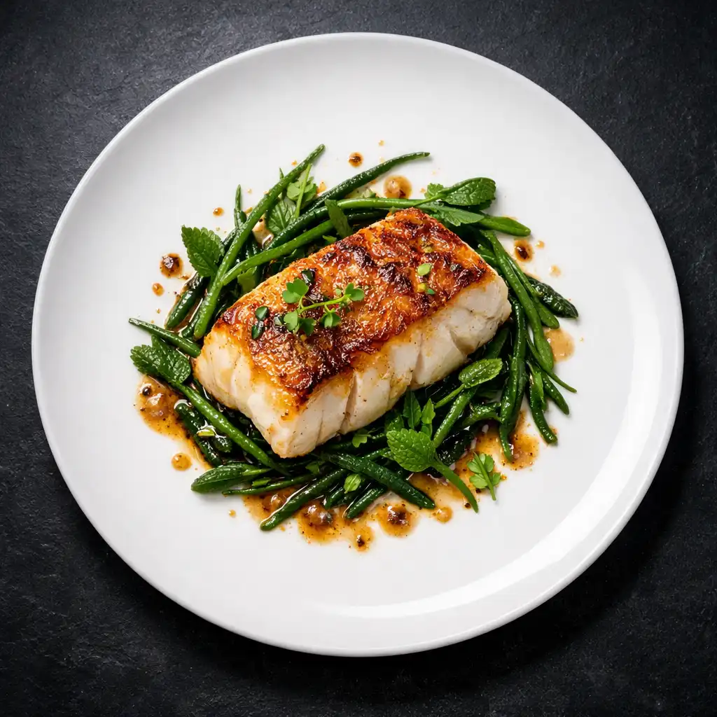Roasted Cornish cod with brown butter, samphire, and sea herbs