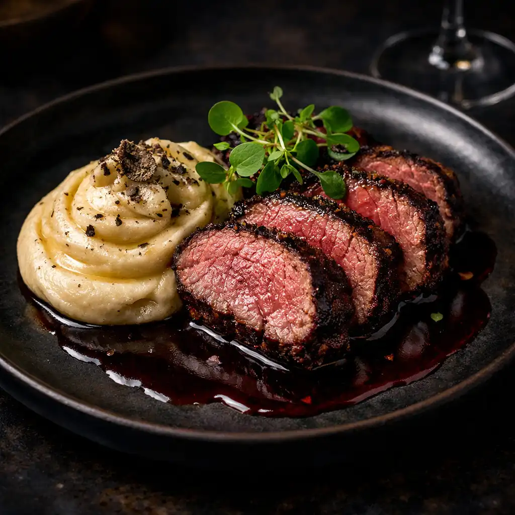 Aged Hereford beef fillet with truffle pomme purée and red wine jus