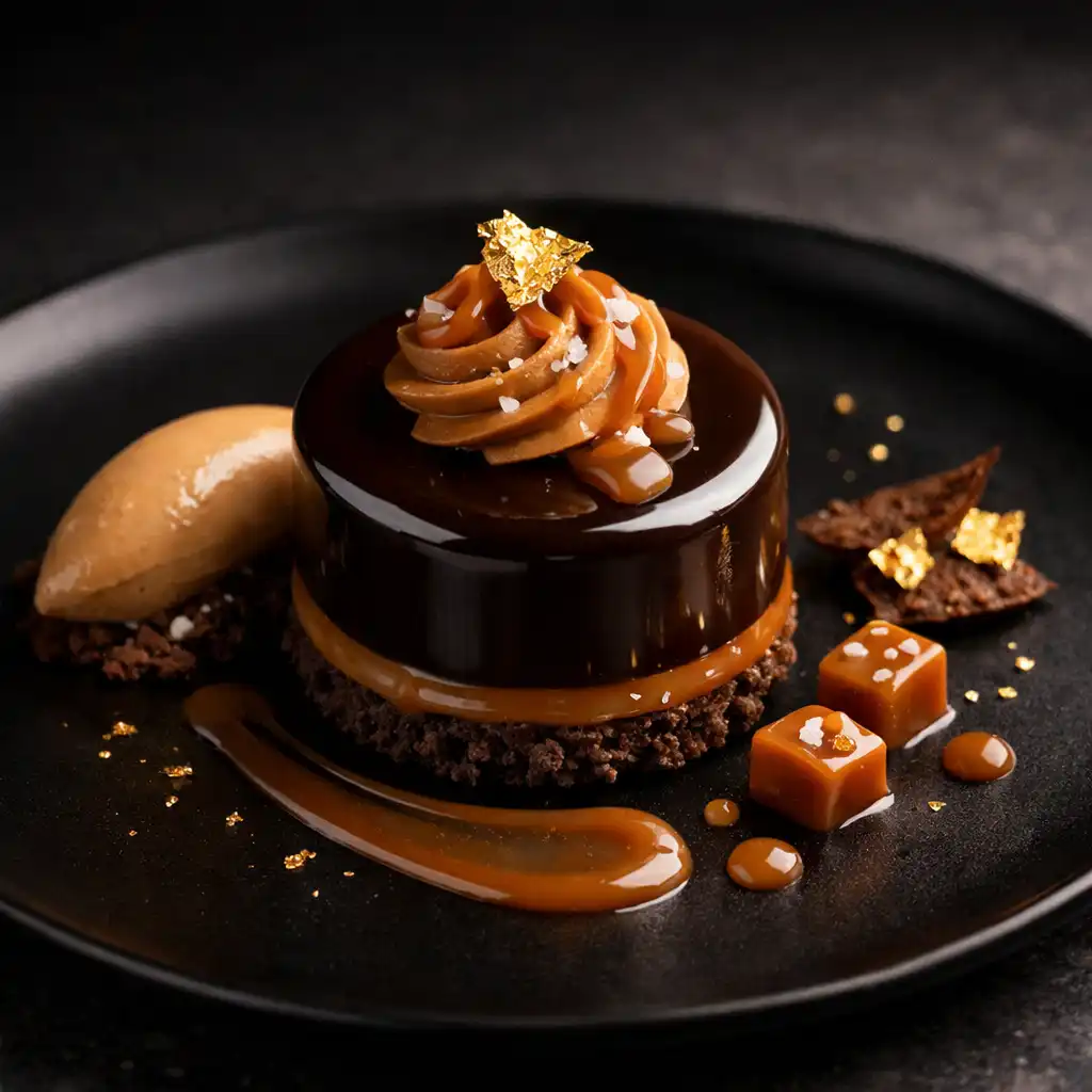 Dark chocolate and salted caramel délice with gold leaf