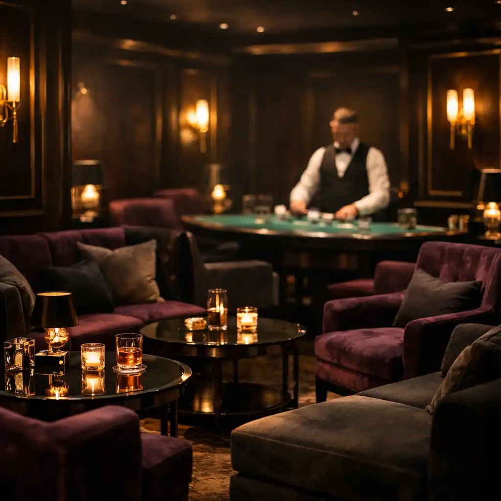 Sophisticated casino-inspired lounge with plush seating and ambient lighting