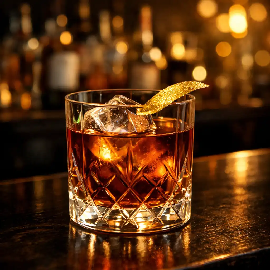 Classic cocktail in a crystal glass with a gold garnish on a dark bar counter