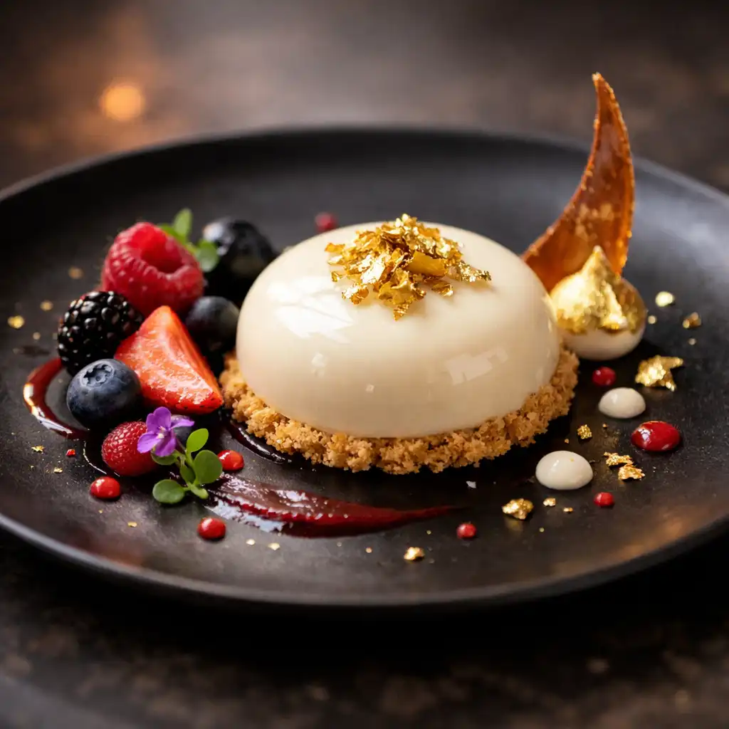 Beautifully presented dessert with gold leaf and berries on a dark plate