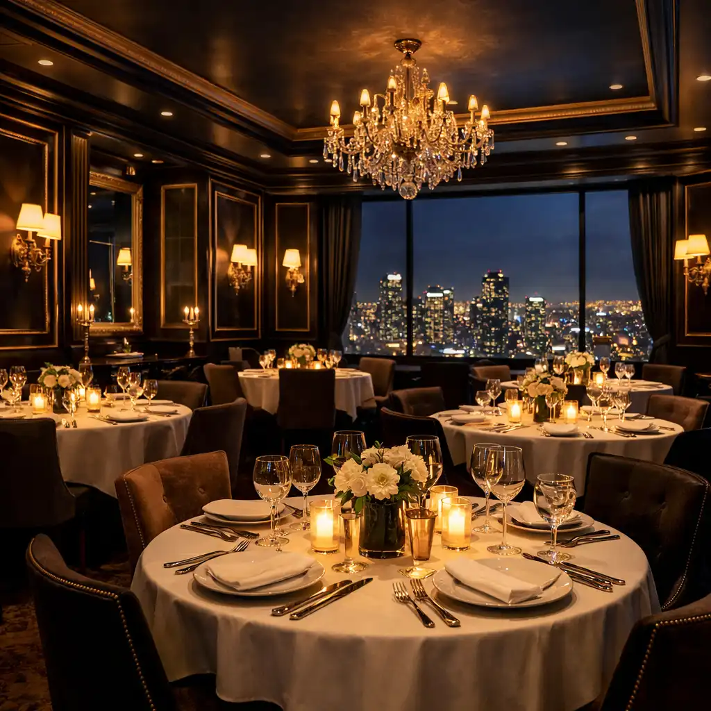 Wide-angle view of the main dining room with elegant table settings and city lights