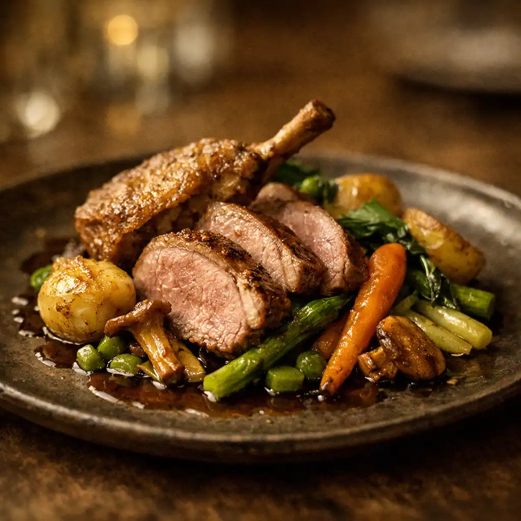 A beautifully plated seasonal British dish on a dark ceramic plate, with a blurred warm dining room background