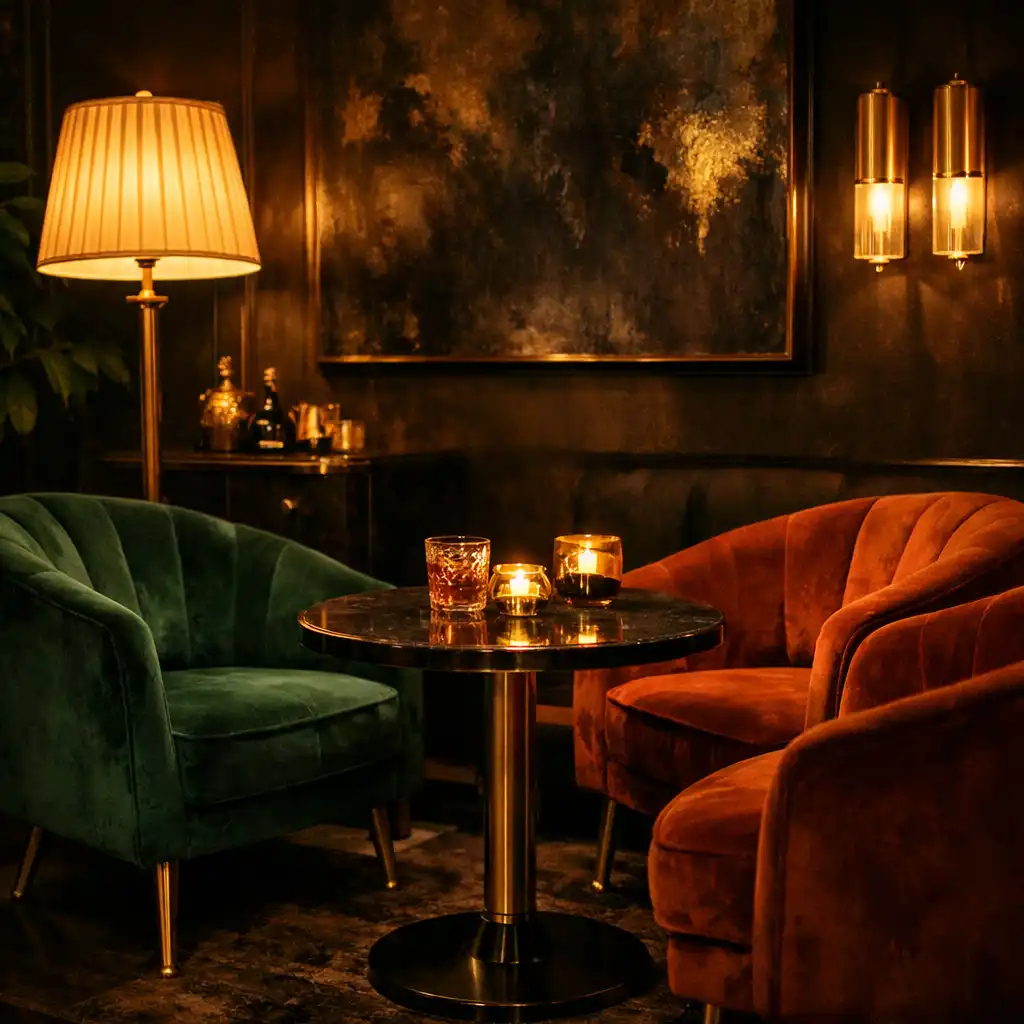 Cozy lounge seating area with velvet armchairs and ambient lighting