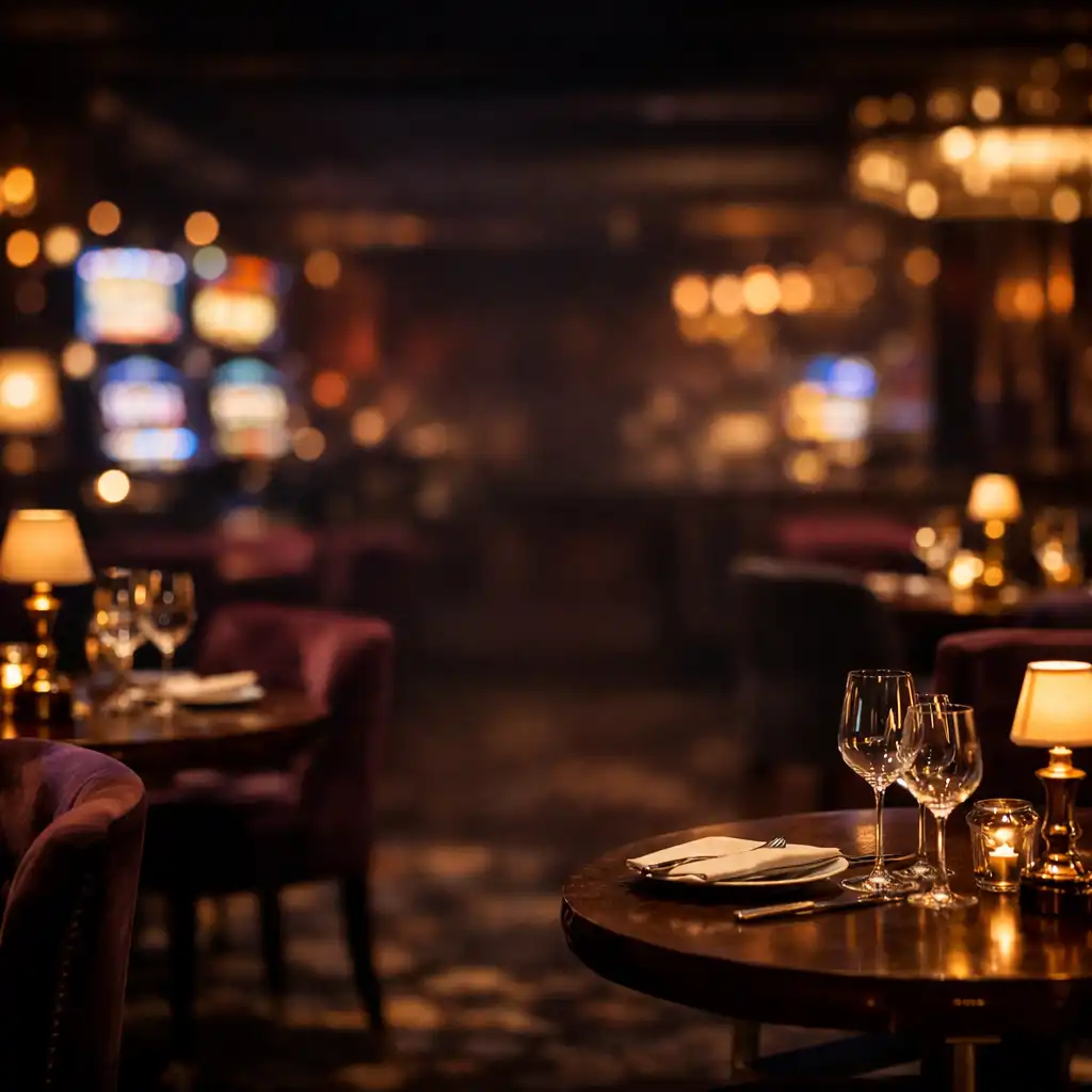 Elegant restaurant interior at night with warm ambient lighting and refined table settings