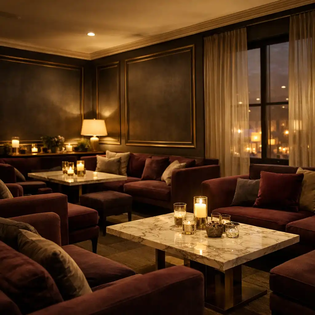The lounge area at Plate Zarix with plush deep plum sofas, marble tables, and soft evening light