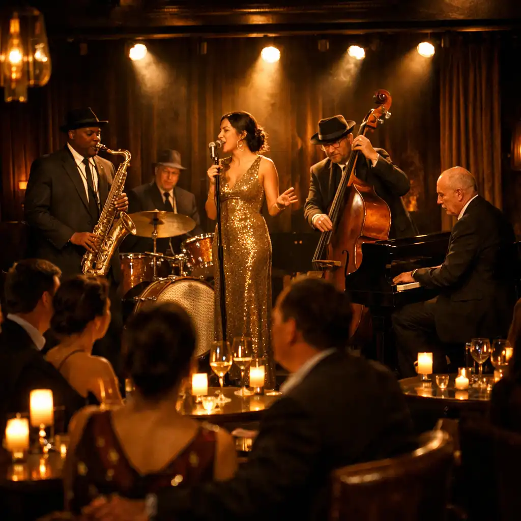 Live jazz quartet performing on stage in an upscale lounge
