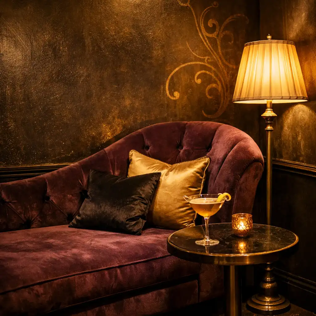 A private lounge corner at Plate Zarix with a deep plum velvet chaise, side table cocktail, and warm floor lamp