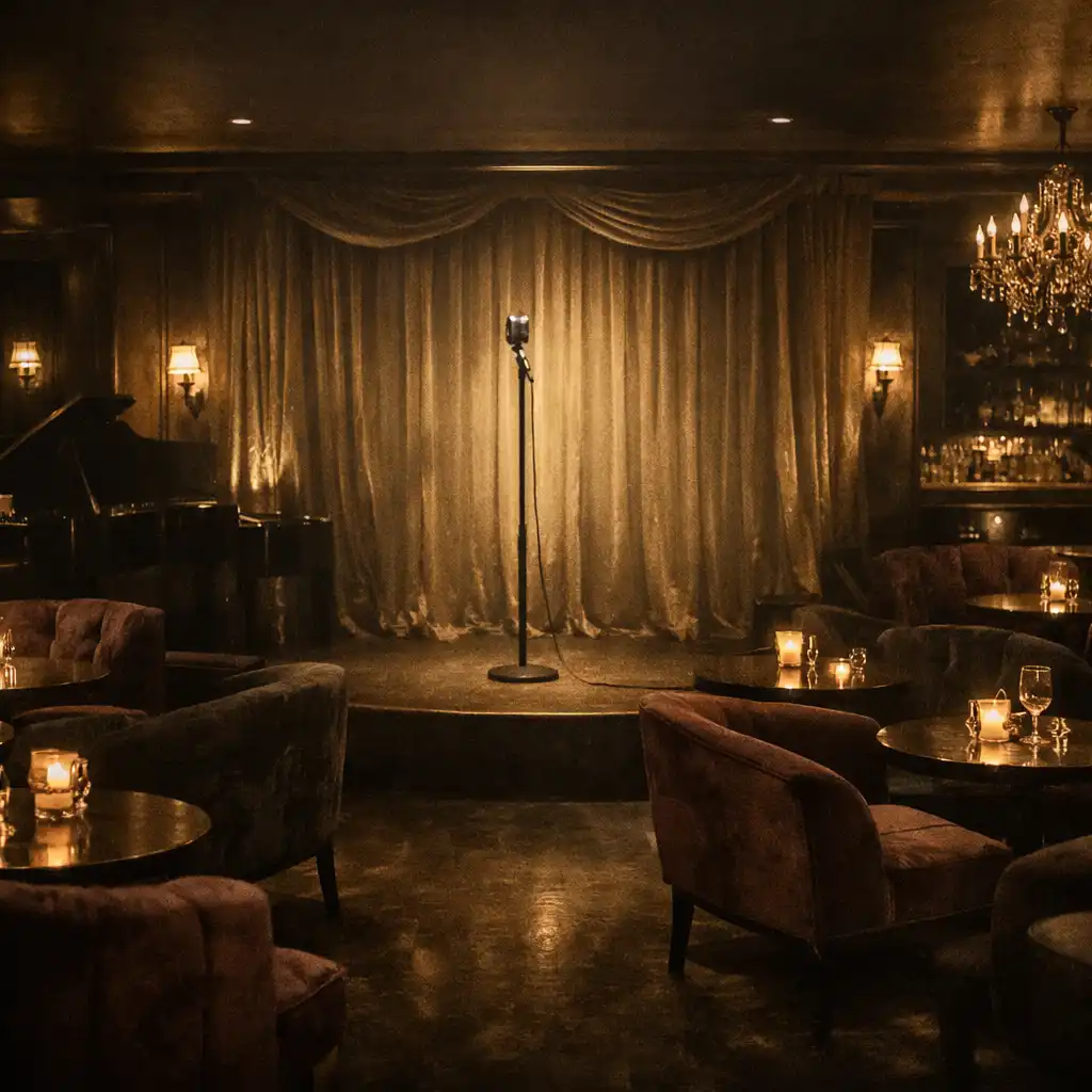 Sophisticated lounge interior with plush seating and warm lighting