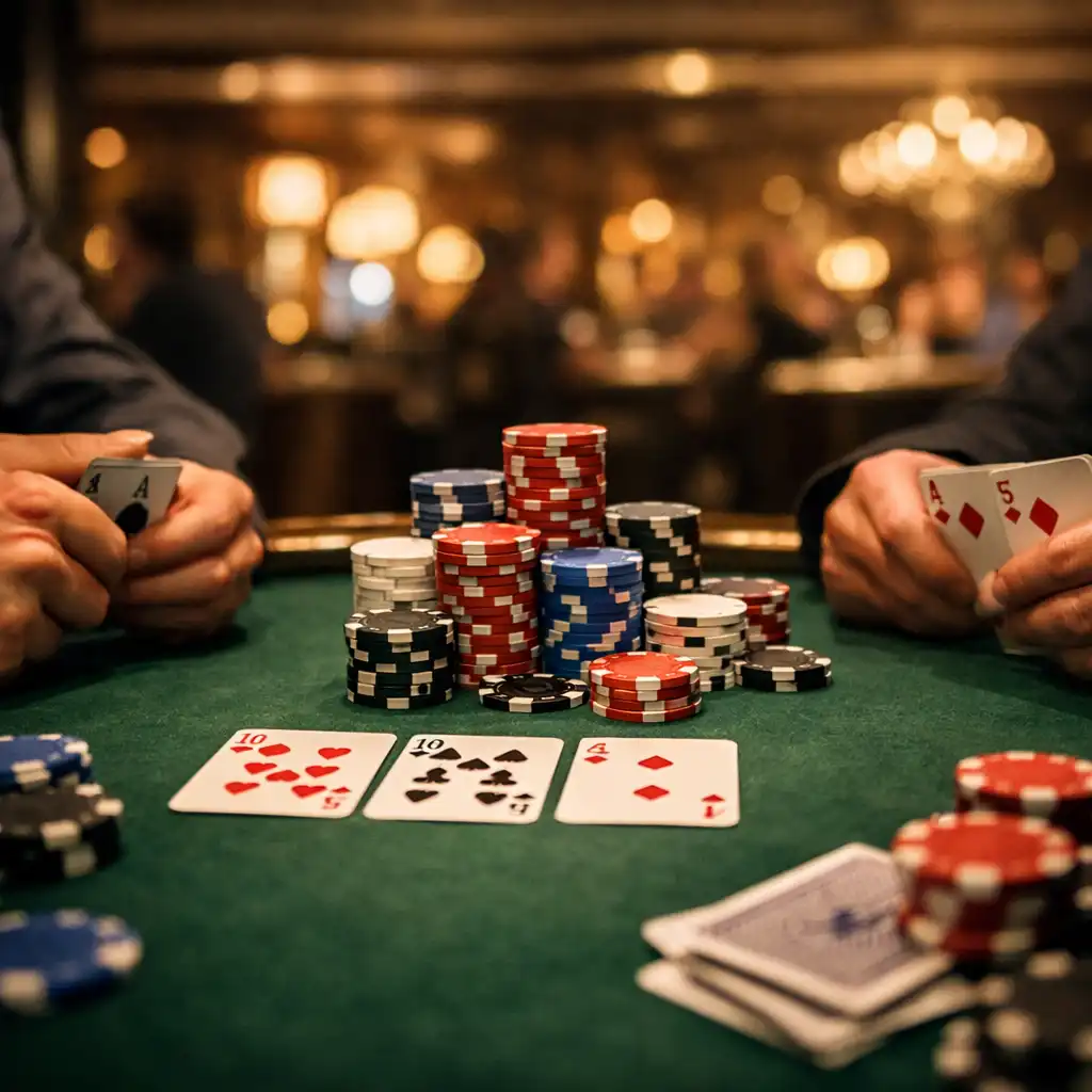 Poker table with players' hands holding cards and a stack of chips