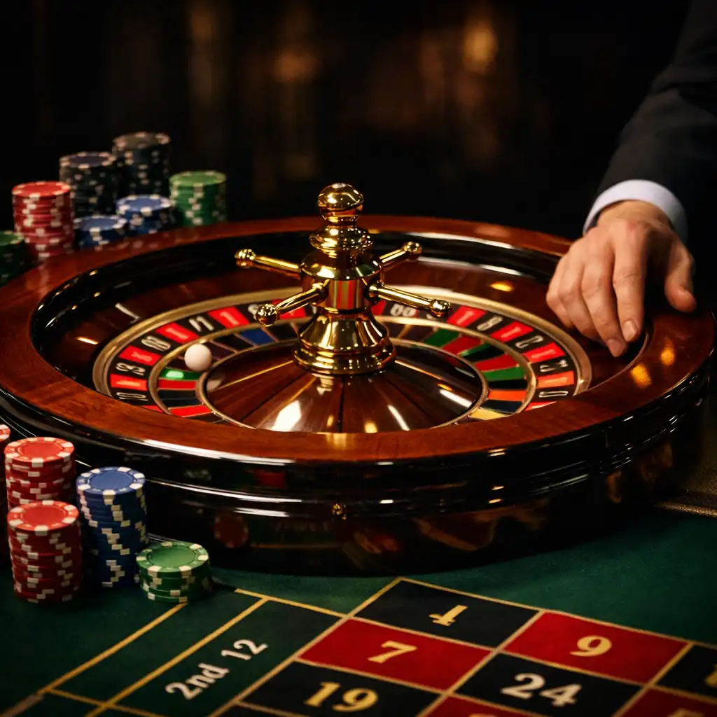 Roulette wheel spinning on an elegant table with stacked chips